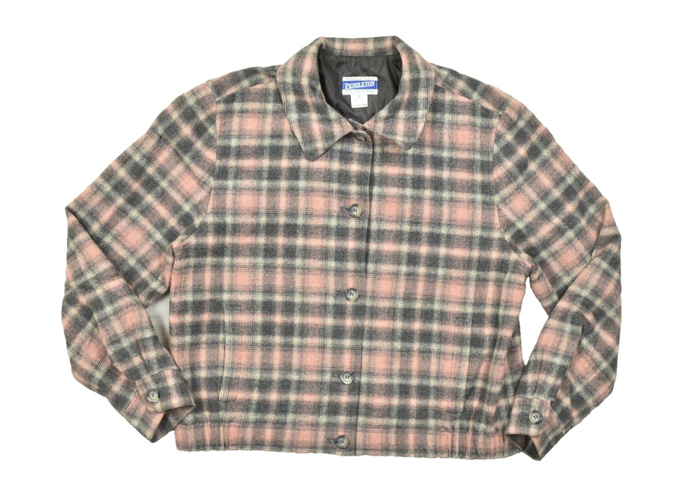 VTG Pendleton Wool Plaid Jacket Womens Size 12 Pink Grey Full Button Made in USA